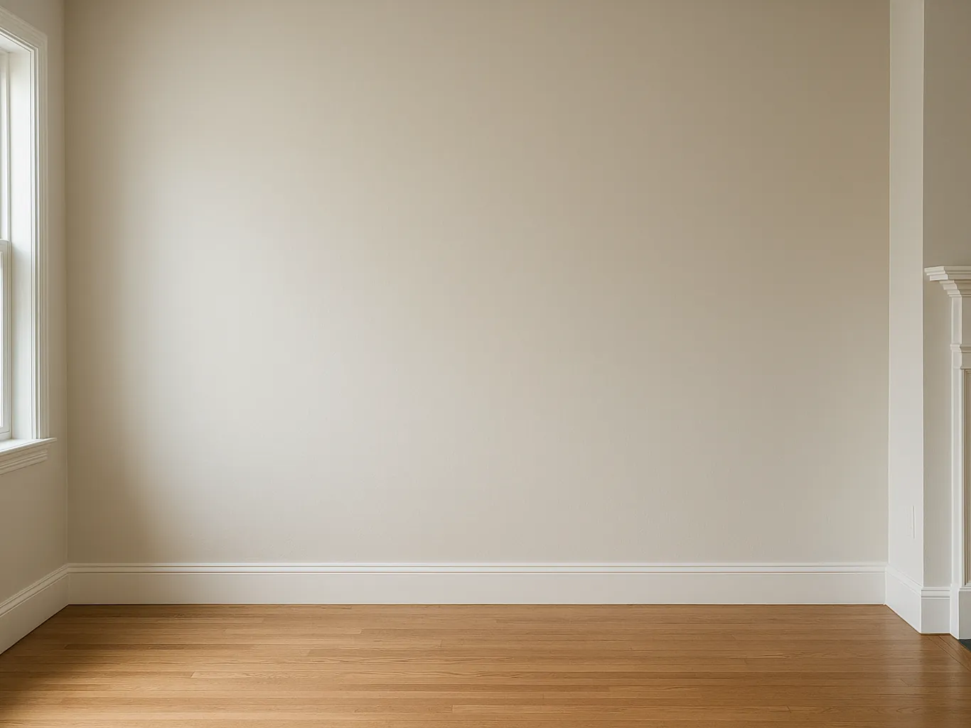 A clean, empty painted wall in a living room, ready for a fireplace