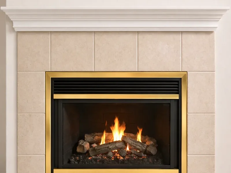 An older brass-front gas fireplace in a tiled surround