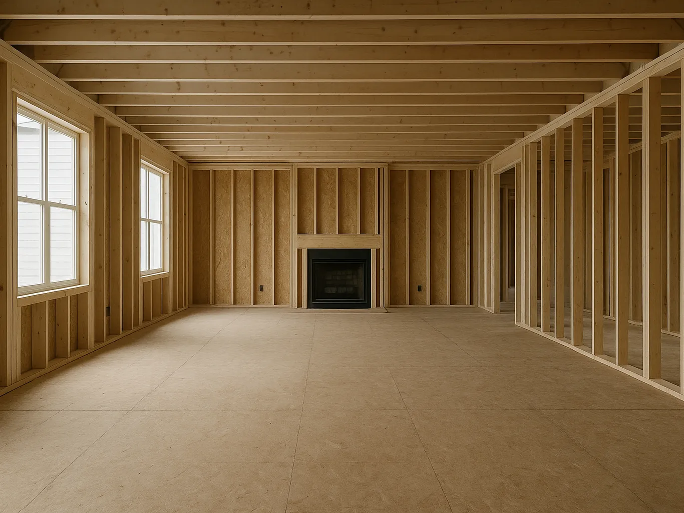 A fireplace framed into the far wall of a new-construction interior