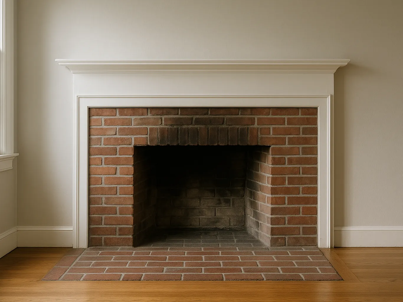 An older brick masonry fireplace with an open, empty firebox