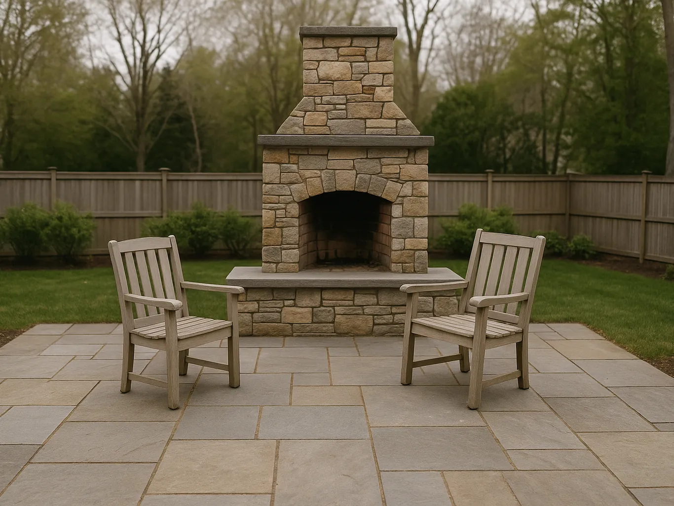 A stone outdoor fireplace on a backyard patio