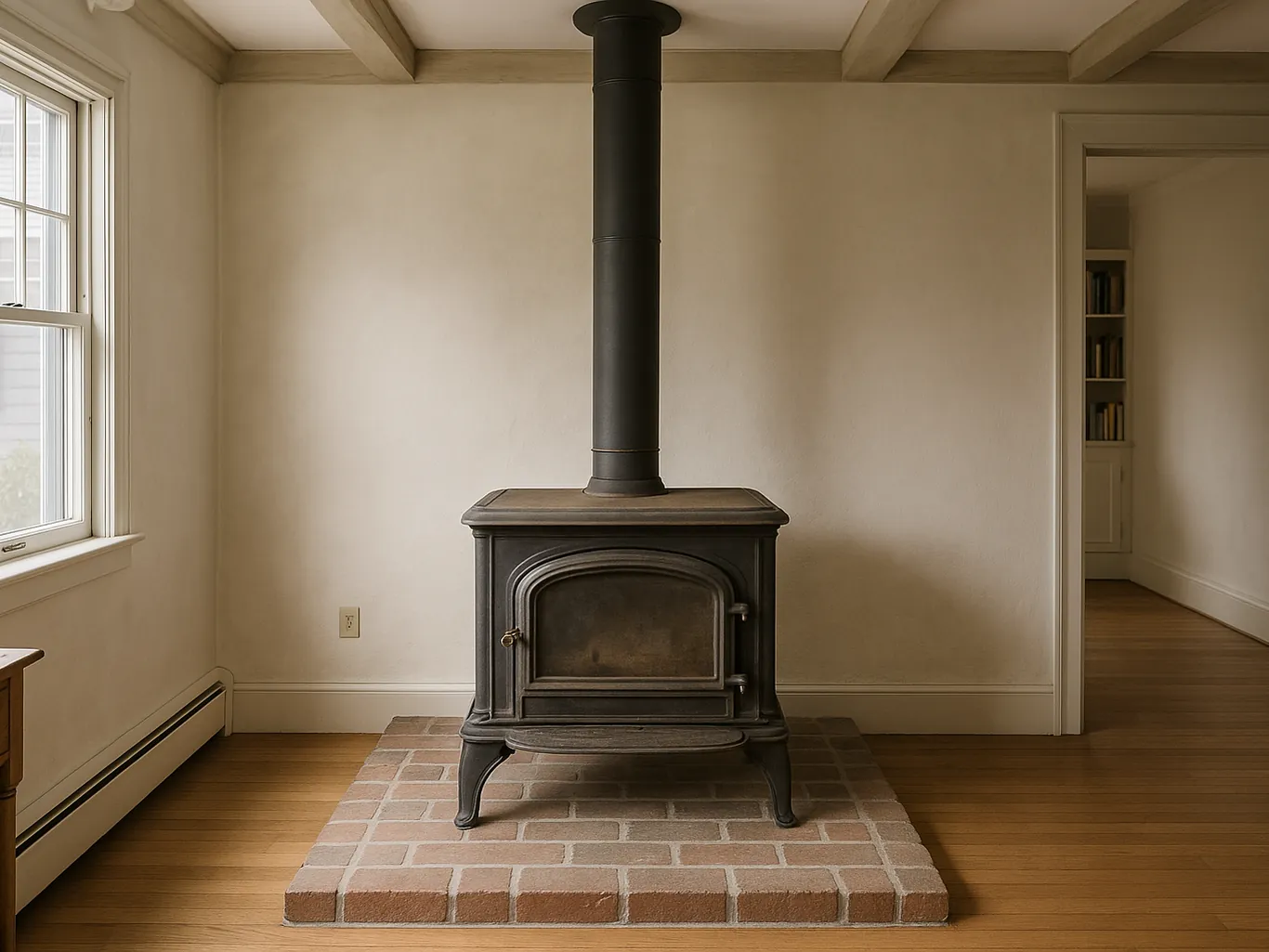 An older cast-iron wood stove on a brick hearth pad